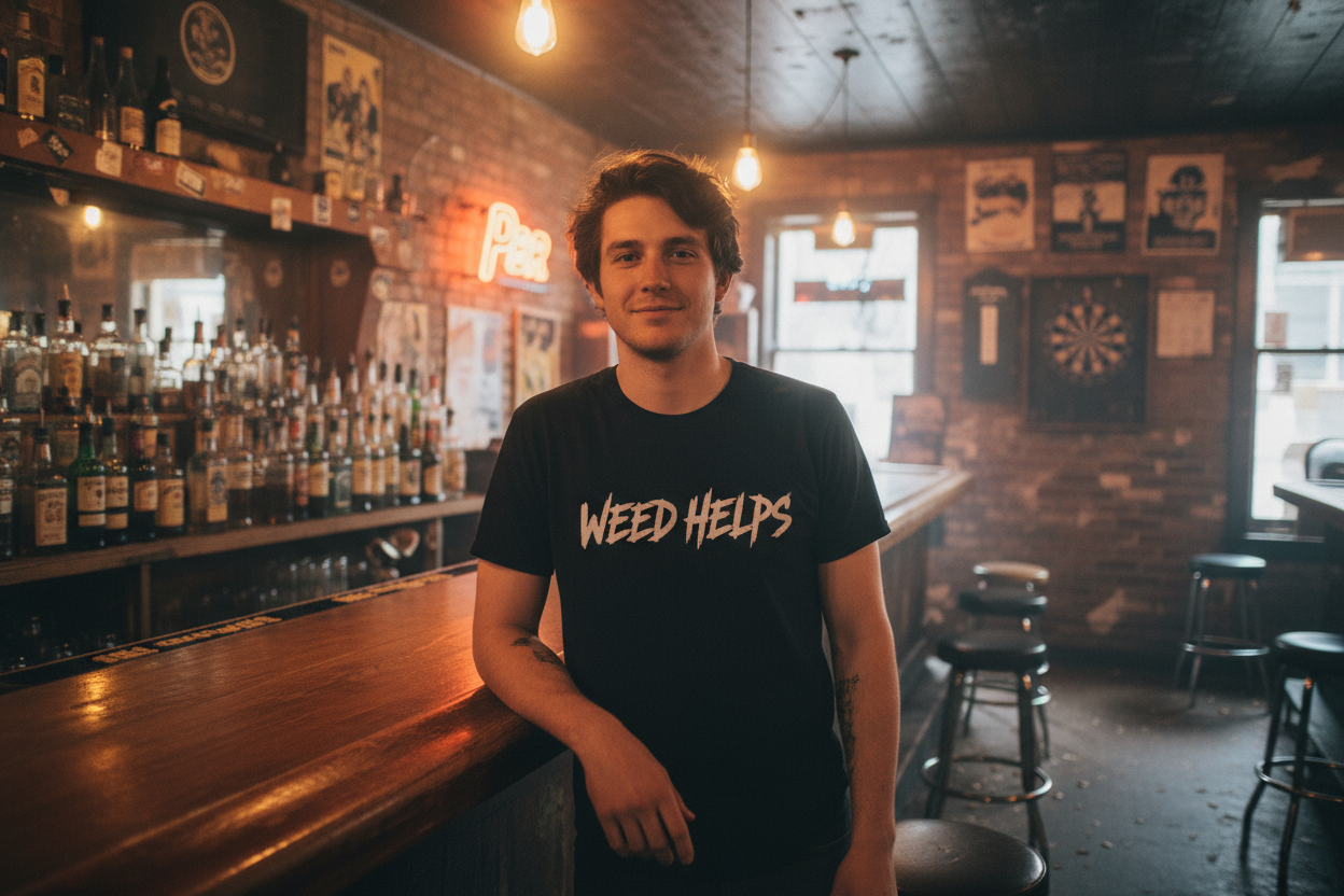 young male dive bar bartender in a black t-shirt that reads Weed Helps in white